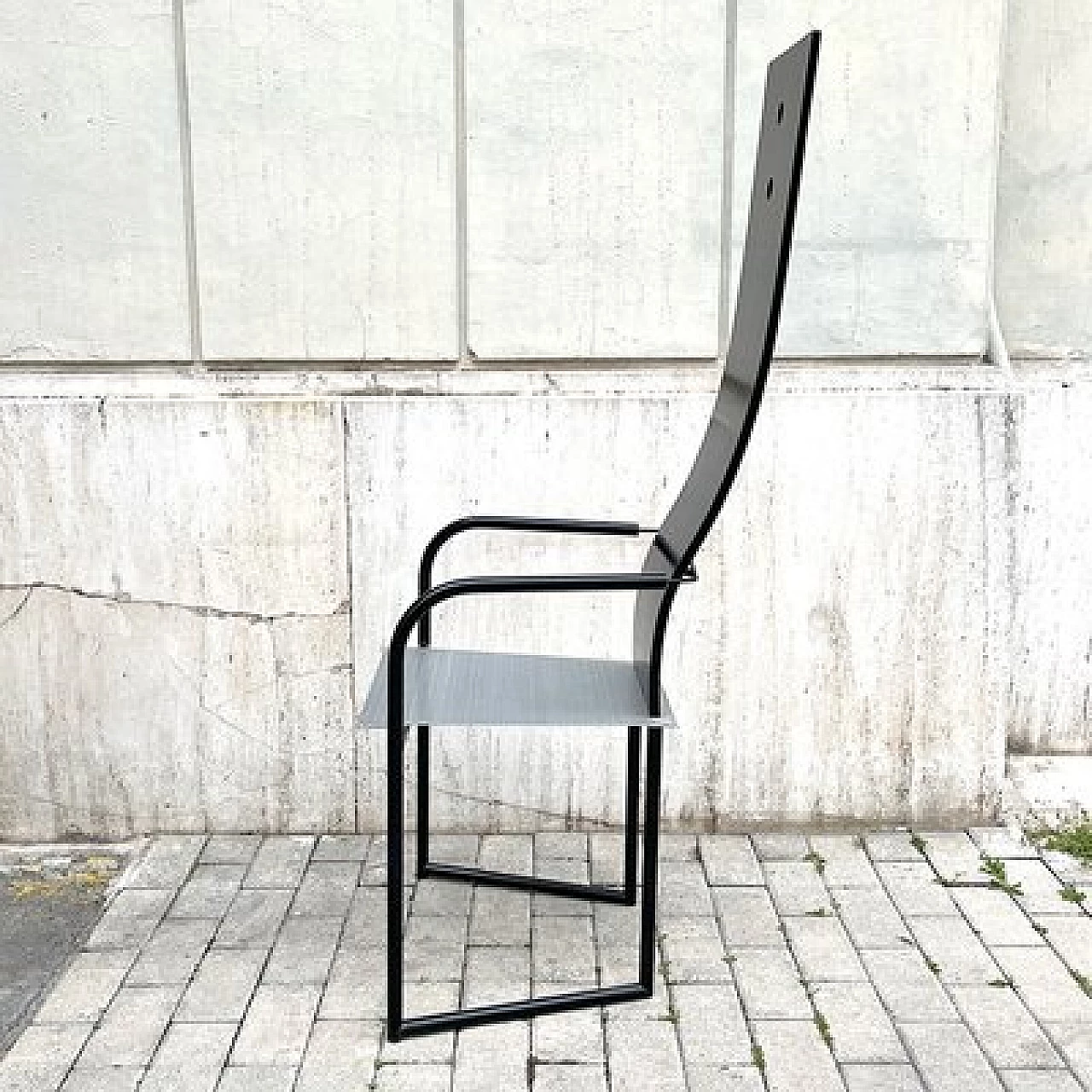 Wood, iron and steel high-backed armchair, 1980s 3