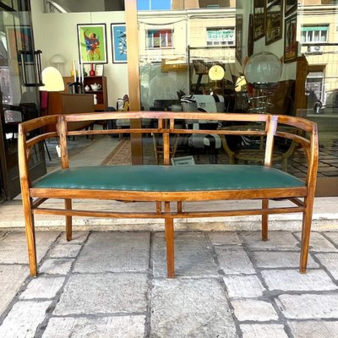 Walnut and green skai sofa, 1930s 1