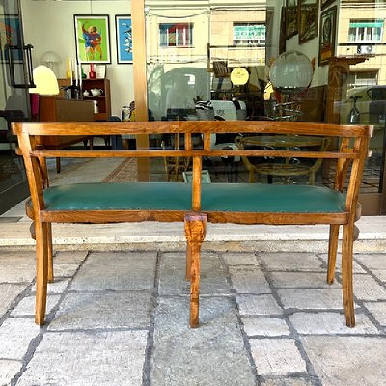 Walnut and green skai sofa, 1930s 4