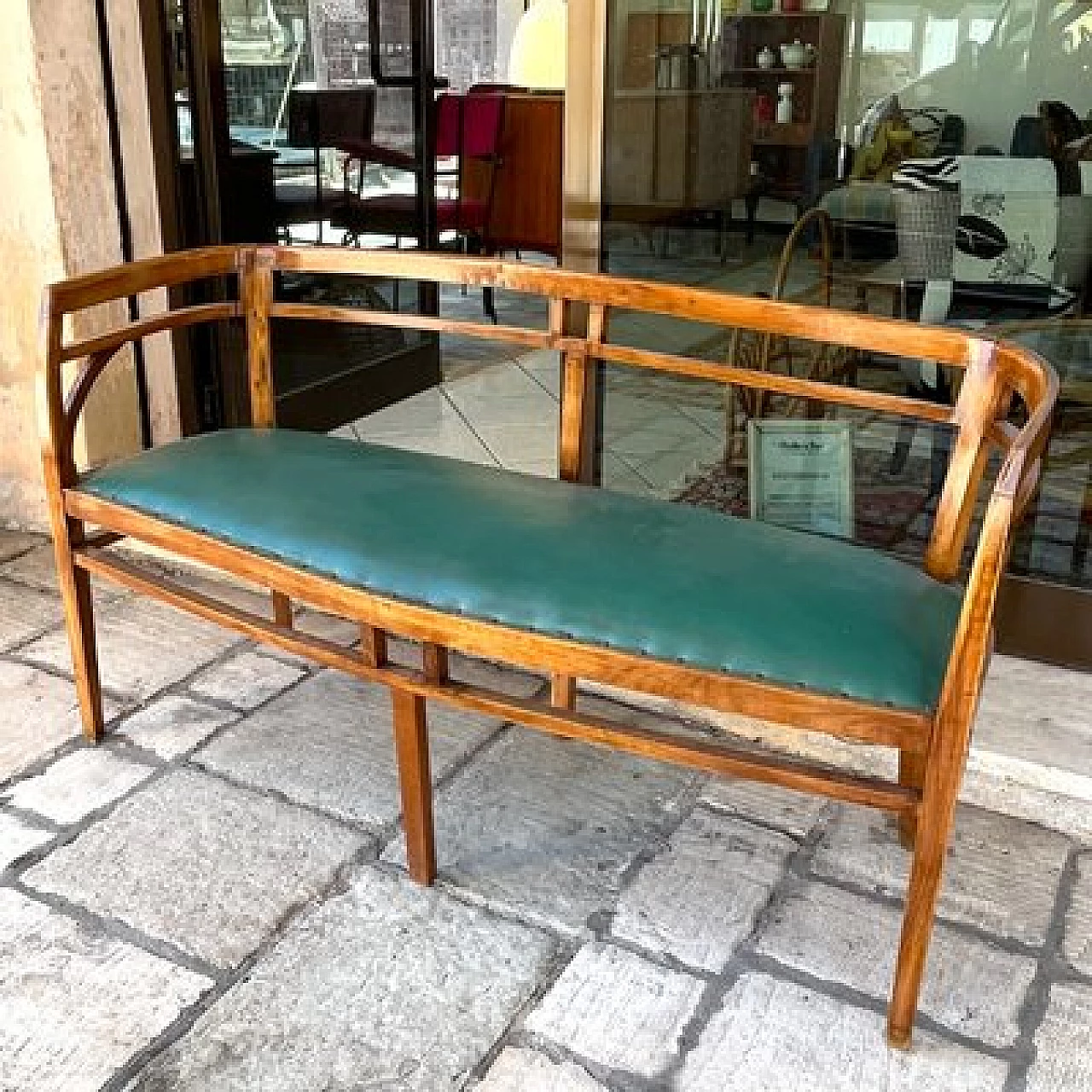 Walnut and green skai sofa, 1930s 5