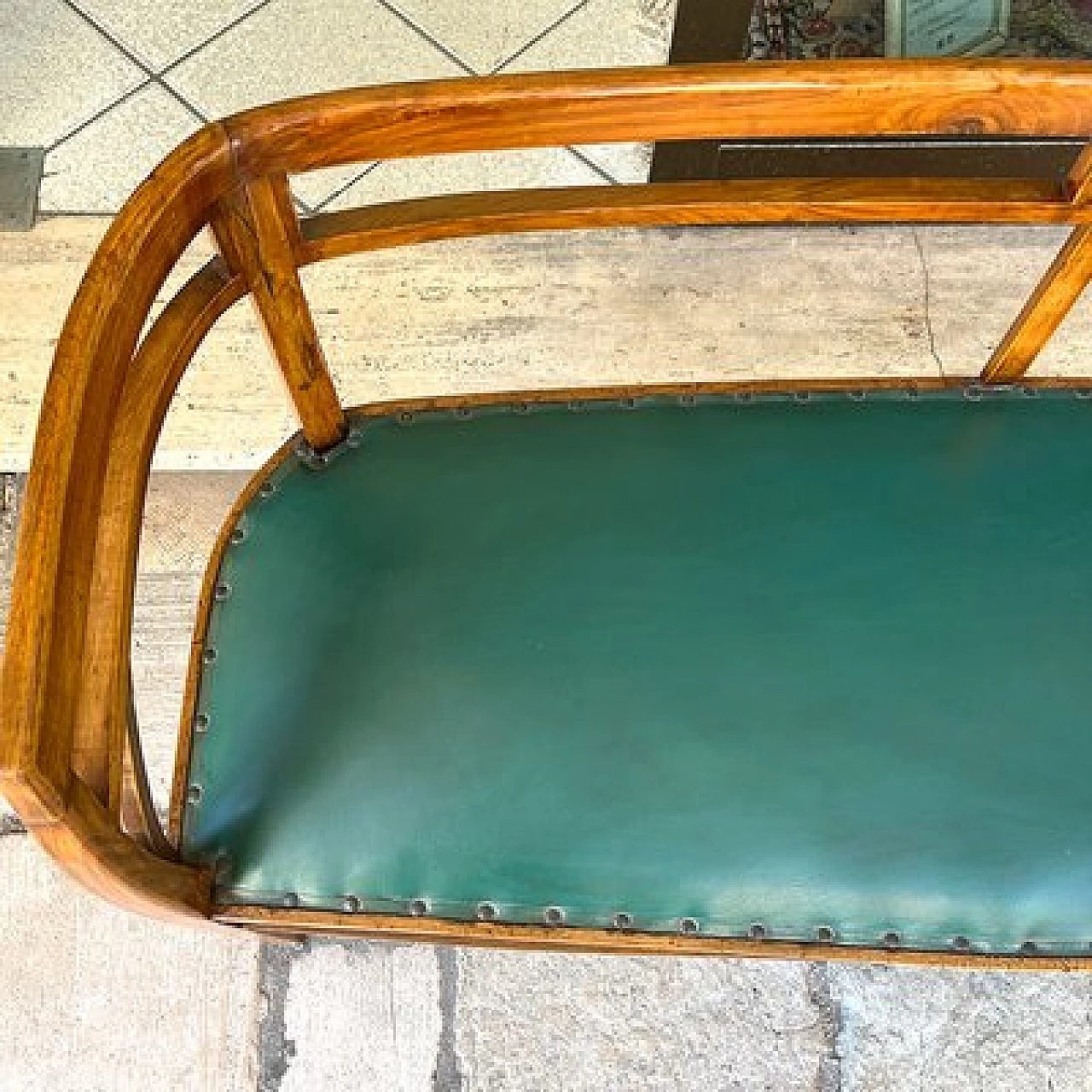 Walnut and green skai sofa, 1930s 9