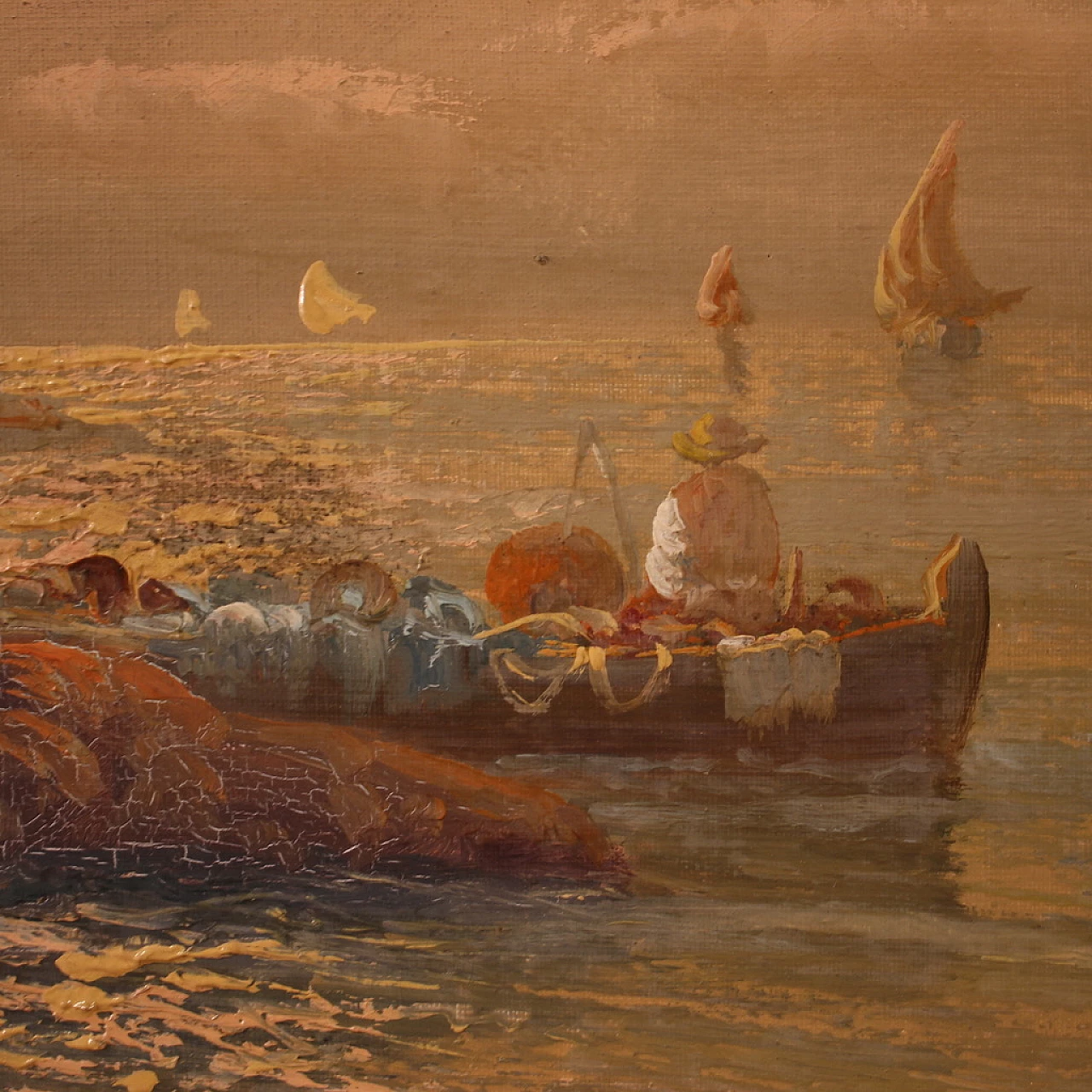 Remo Testa, painting of fishermen at sunset, oil on canvas, 1950s 2