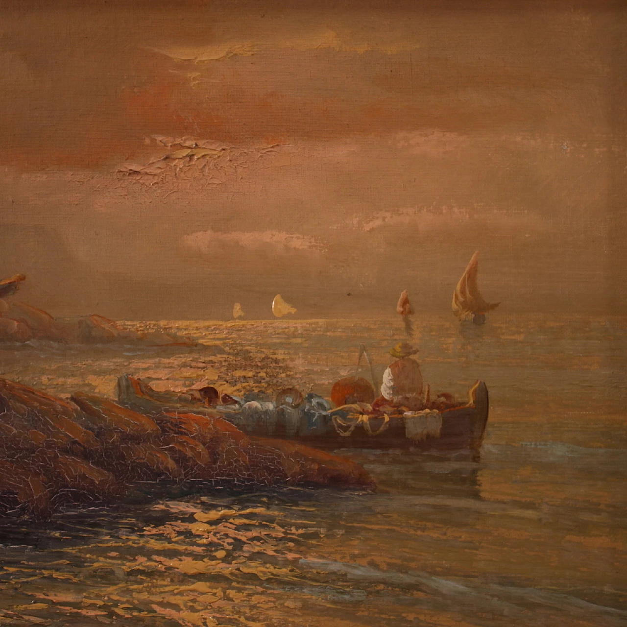 Remo Testa, painting of fishermen at sunset, oil on canvas, 1950s 6