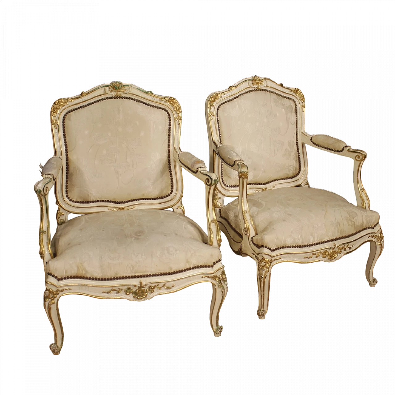 Pair of French carved, lacquered and gilded wood armchairs 13