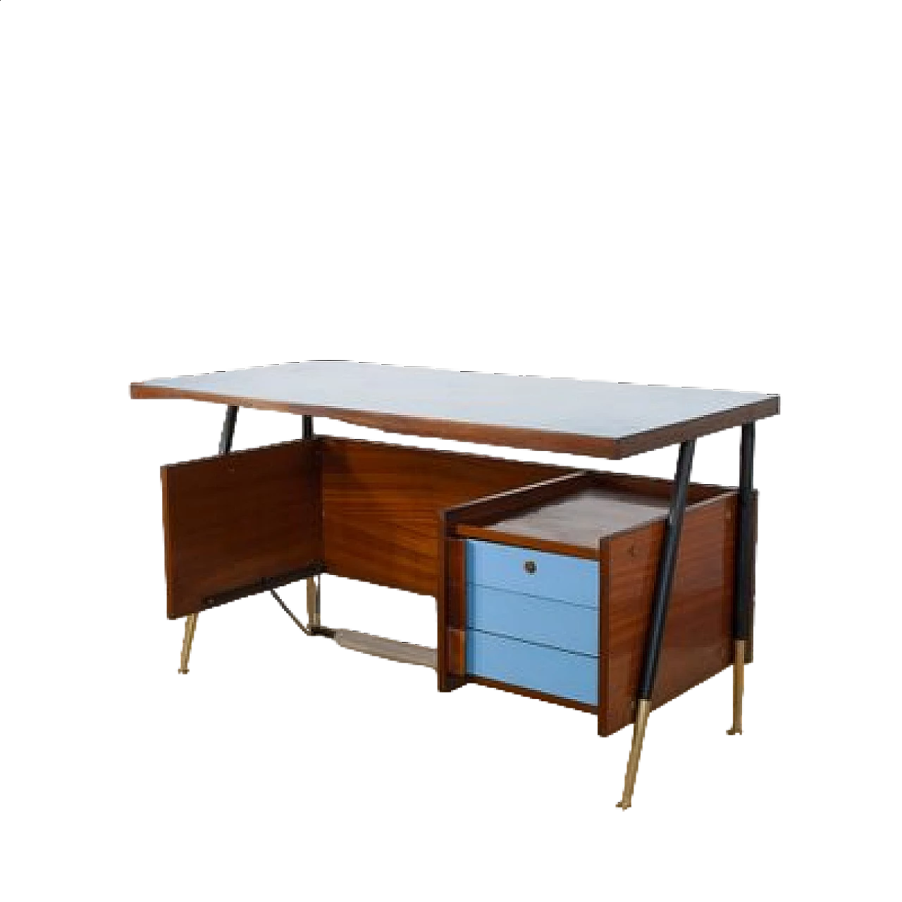 Cherry wood and metal desk with light blue formica top and drawers, 1960s 11