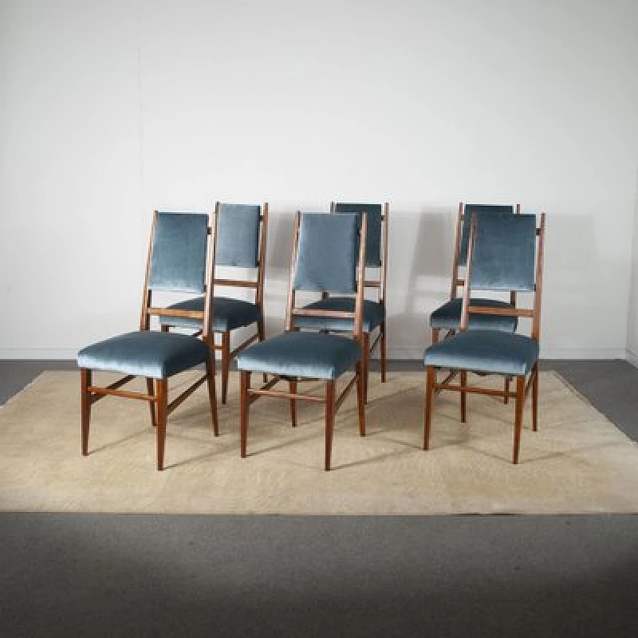 6 Chairs with velvet seat and wooden frame with slim backrest, 1950s 1