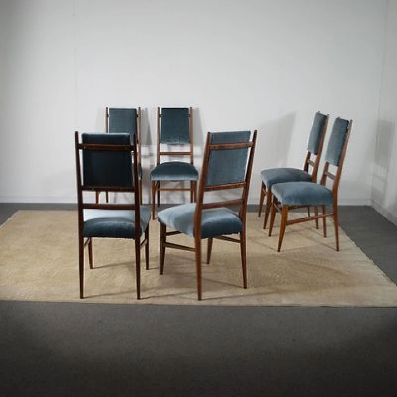 6 Chairs with velvet seat and wooden frame with slim backrest, 1950s 2