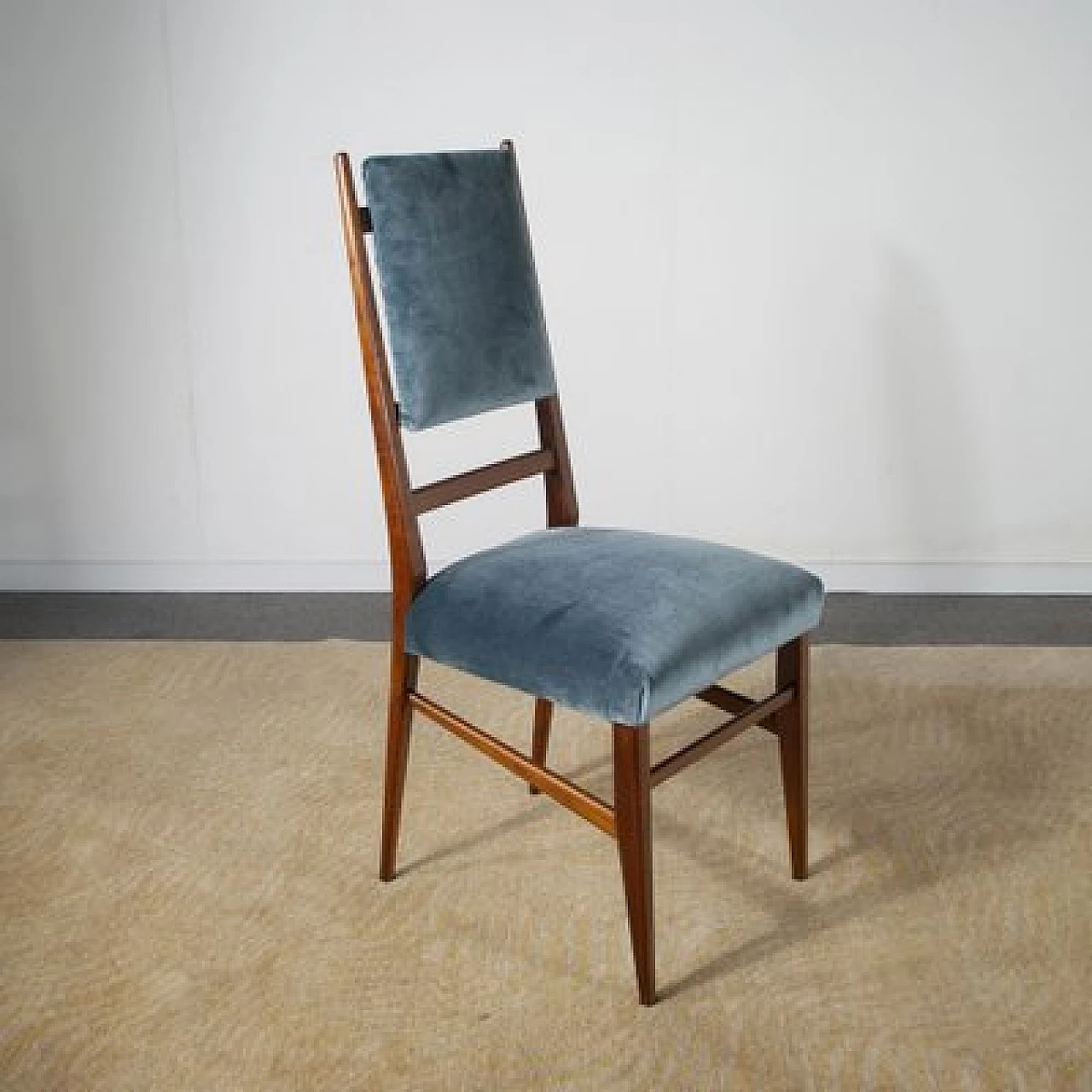 6 Chairs with velvet seat and wooden frame with slim backrest, 1950s 3