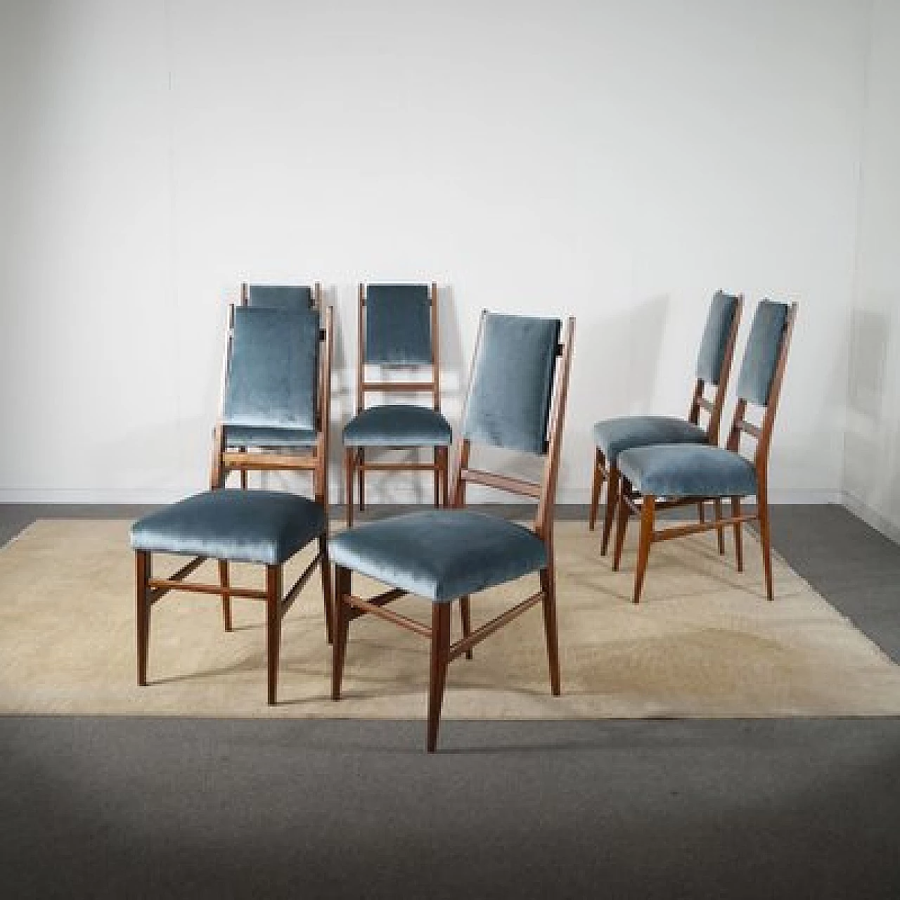 6 Chairs with velvet seat and wooden frame with slim backrest, 1950s 4