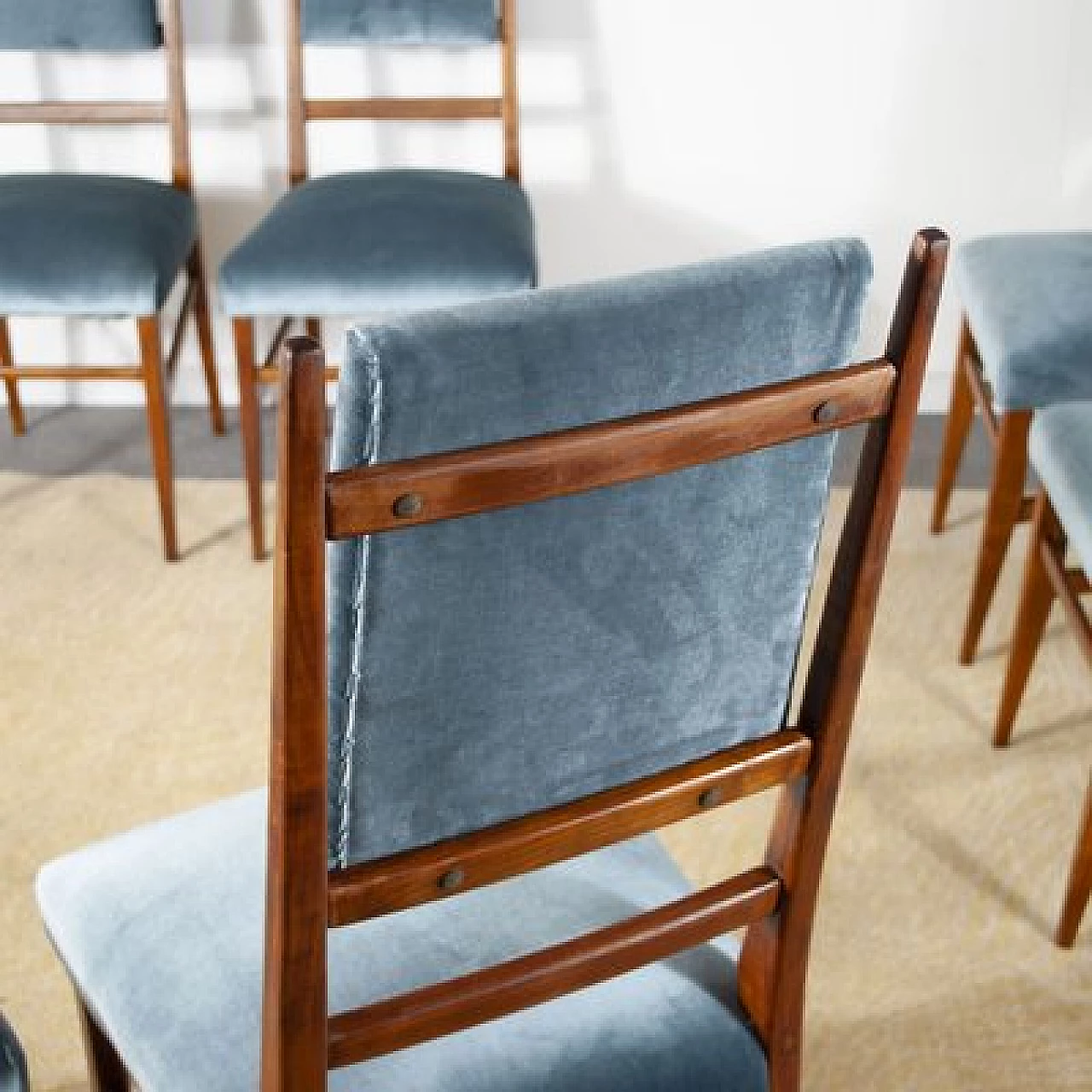 6 Chairs with velvet seat and wooden frame with slim backrest, 1950s 6