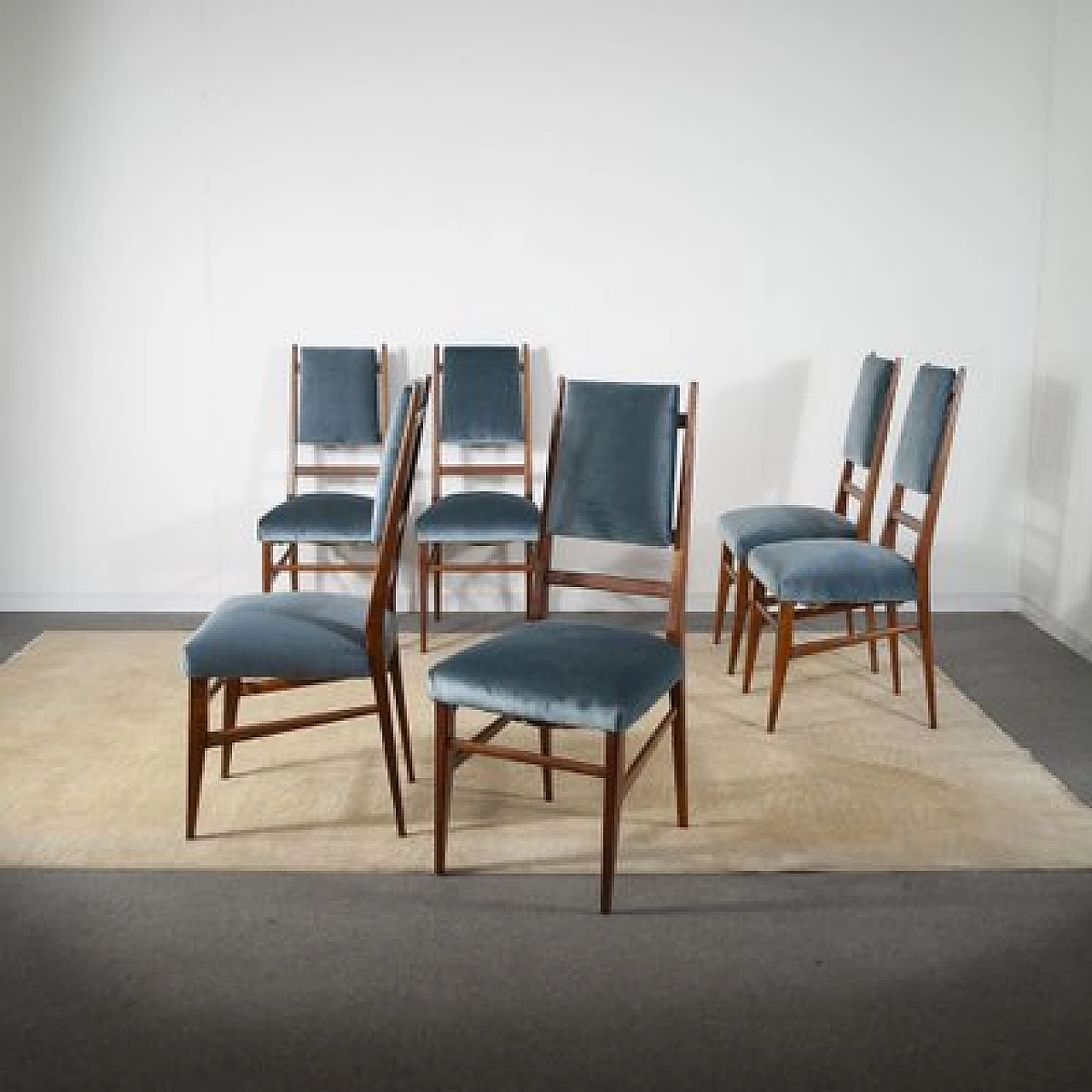 6 Chairs with velvet seat and wooden frame with slim backrest, 1950s 7