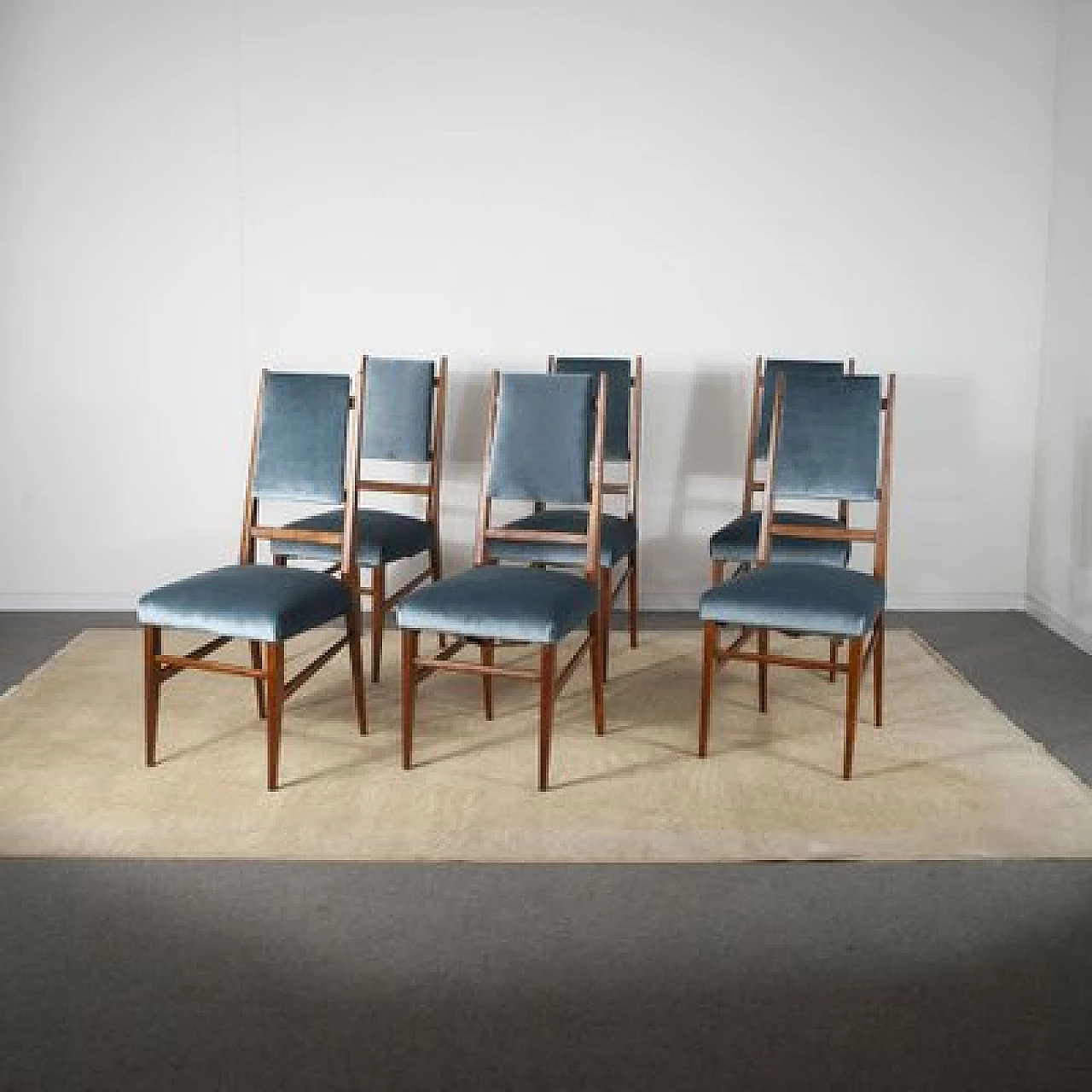 6 Chairs with velvet seat and wooden frame with slim backrest, 1950s 13