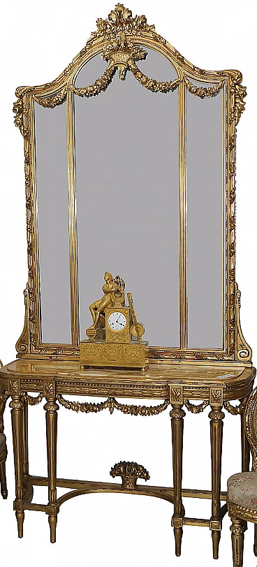 Gilded and carved wooden console table with mirror, 1920s