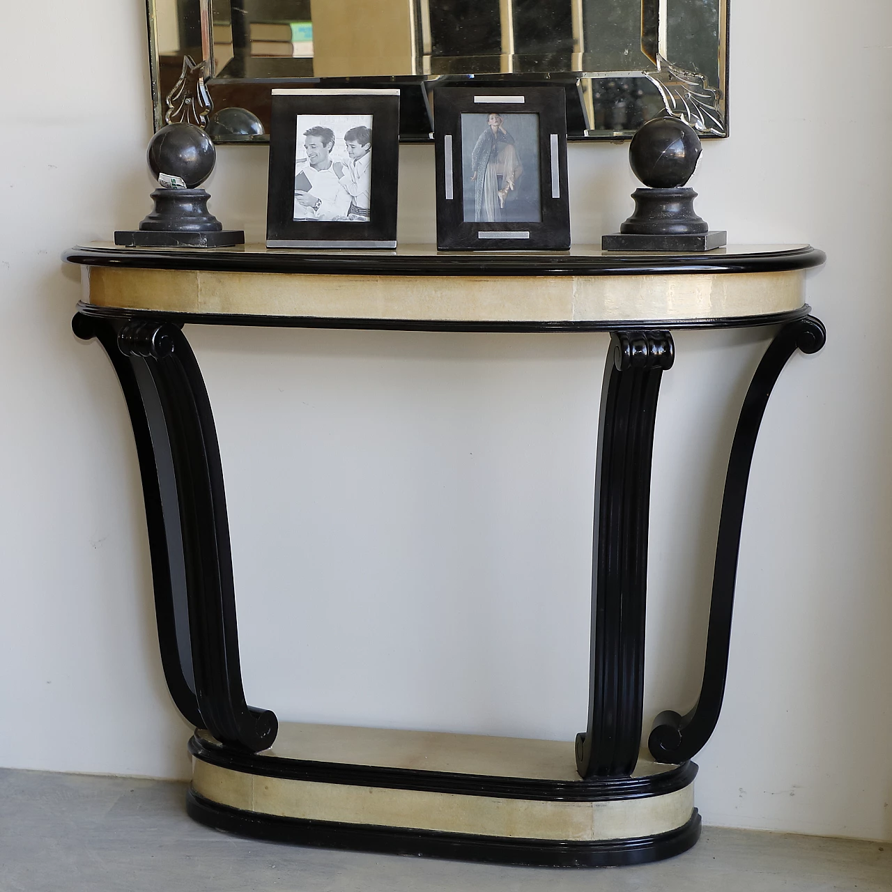 Ebonized wood and parchment console, 1960s 1