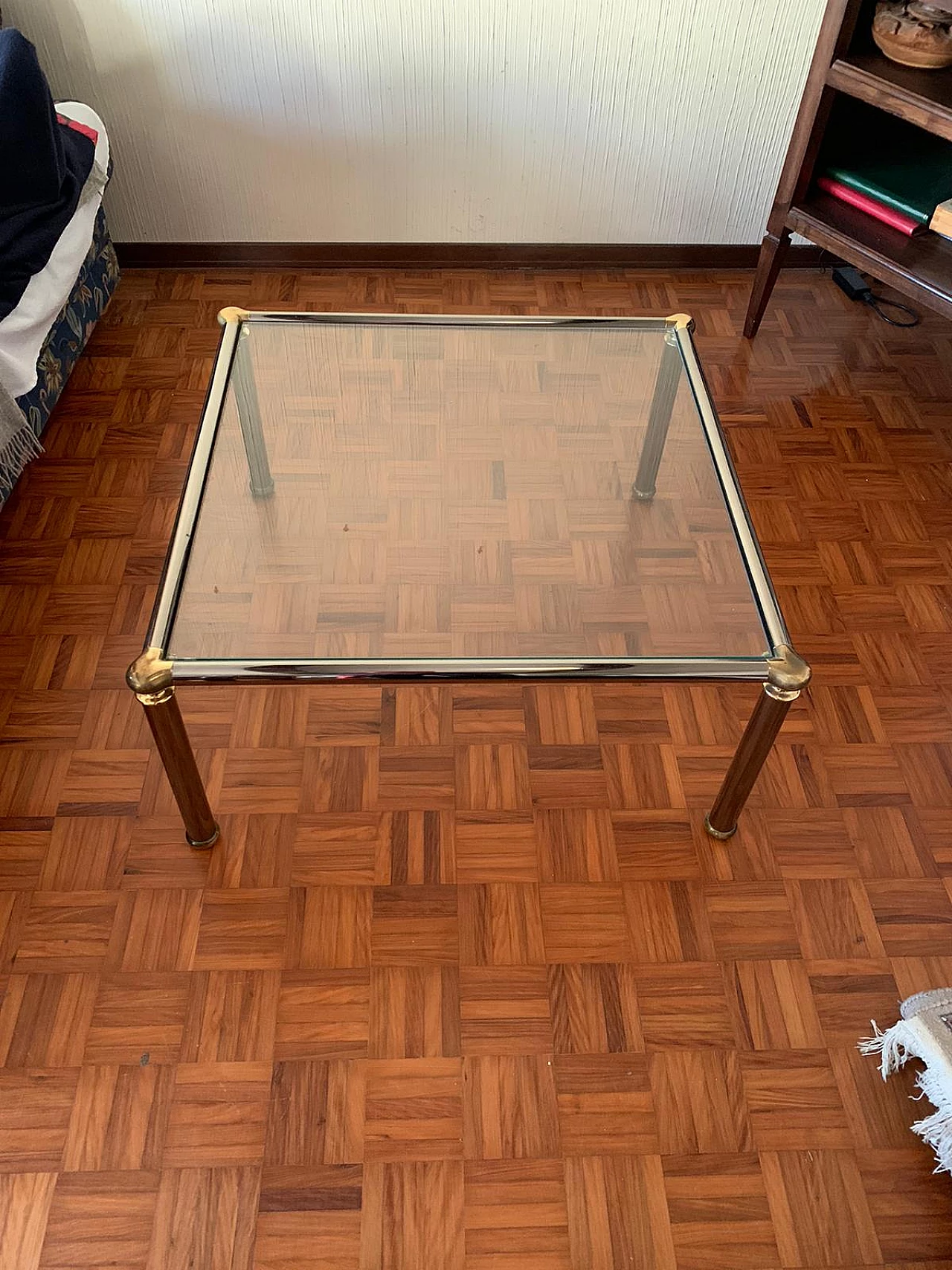 Small square table in chrome-plated steel with glass top, 1970s 2