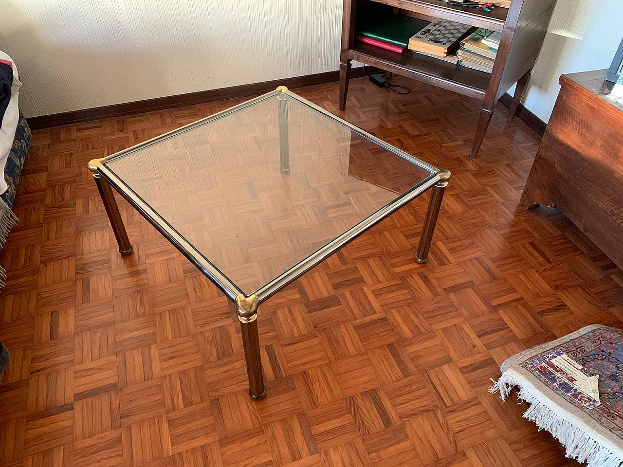 Small square table in chrome-plated steel with glass top, 1970s 3