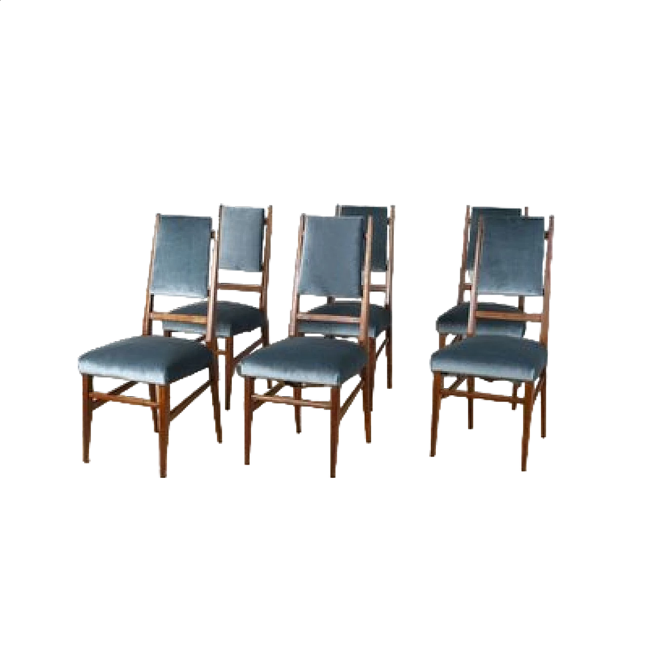 6 Chairs with velvet seat and wooden frame with slim backrest, 1950s 14