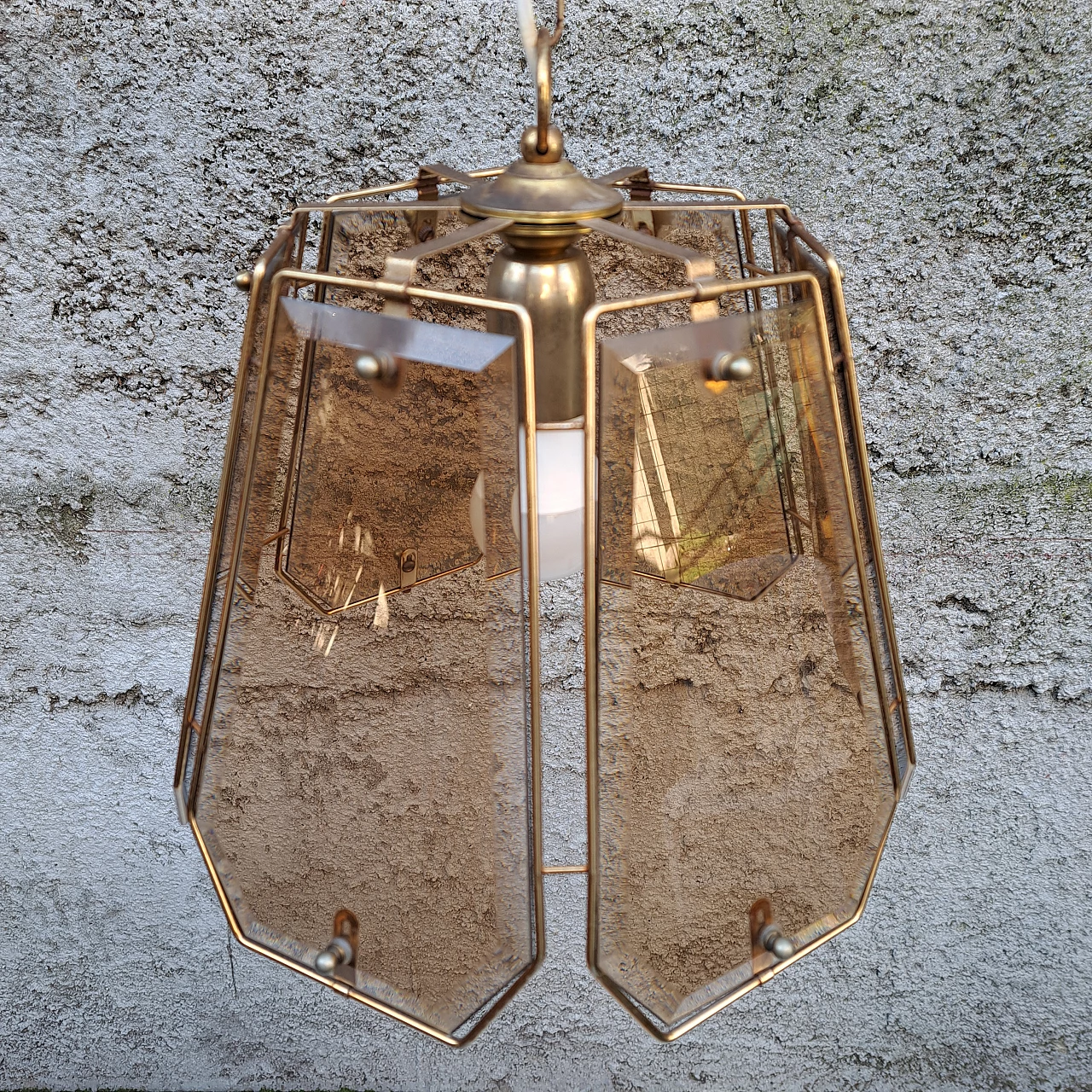 Brass and smoked glass chandelier, 1970s 2