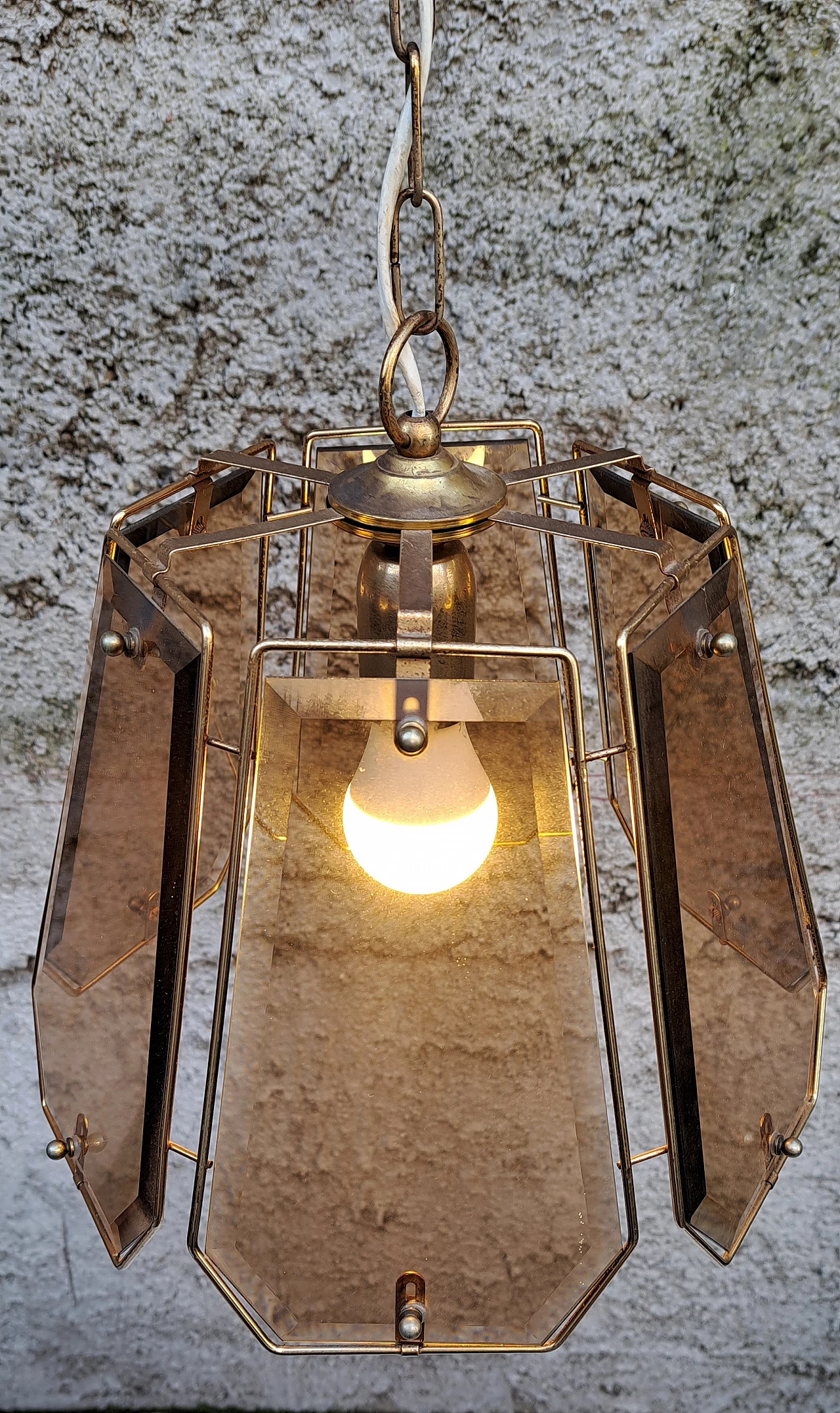 Brass and smoked glass chandelier, 1970s 3