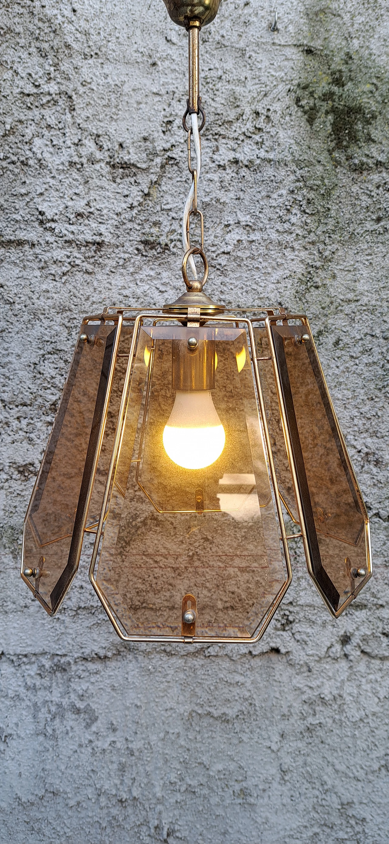 Brass and smoked glass chandelier, 1970s 5