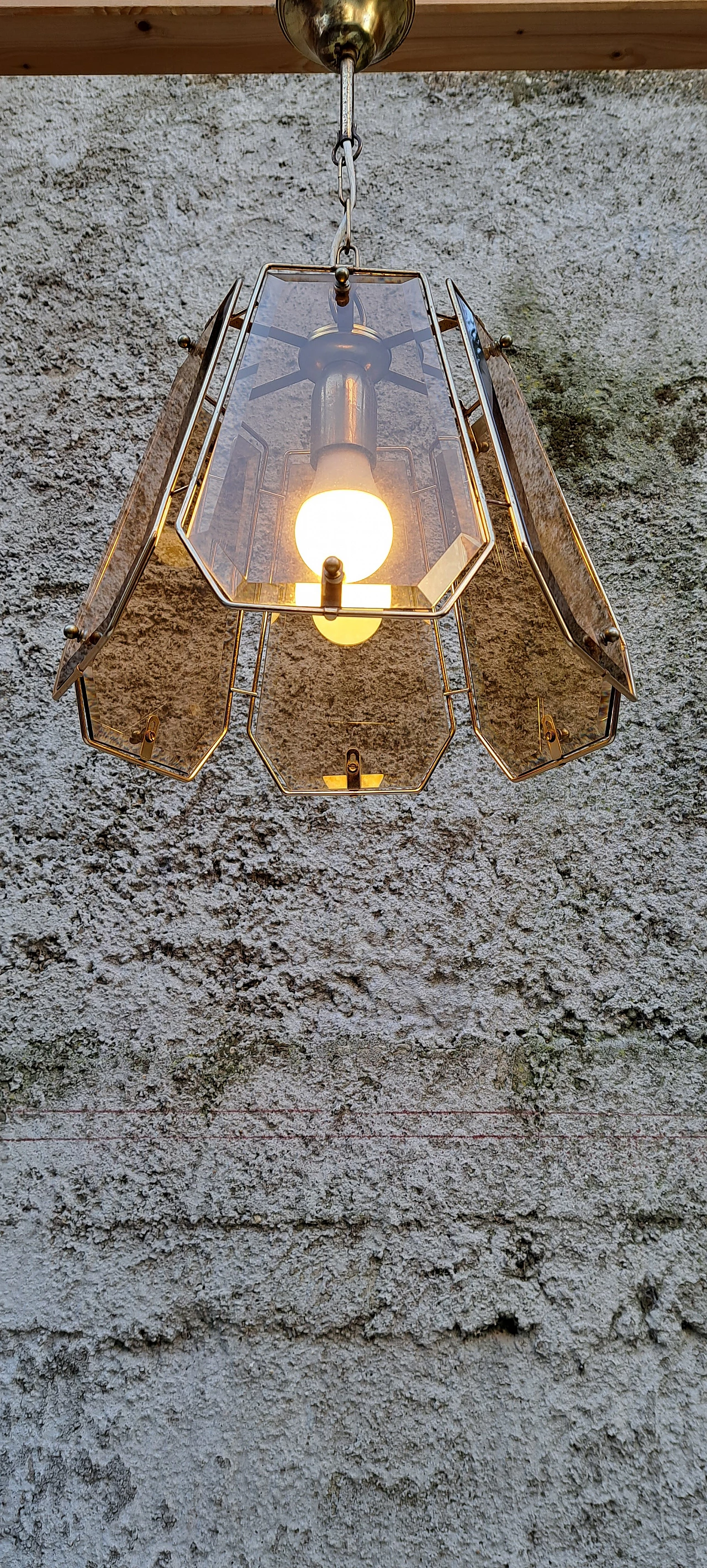 Brass and smoked glass chandelier, 1970s 6