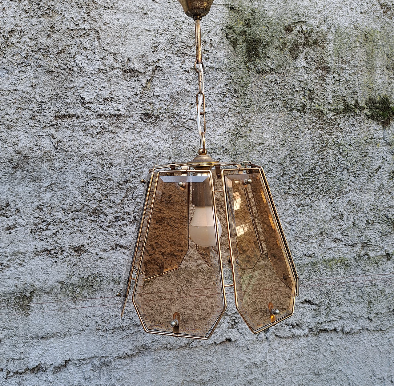 Brass and smoked glass chandelier, 1970s 7