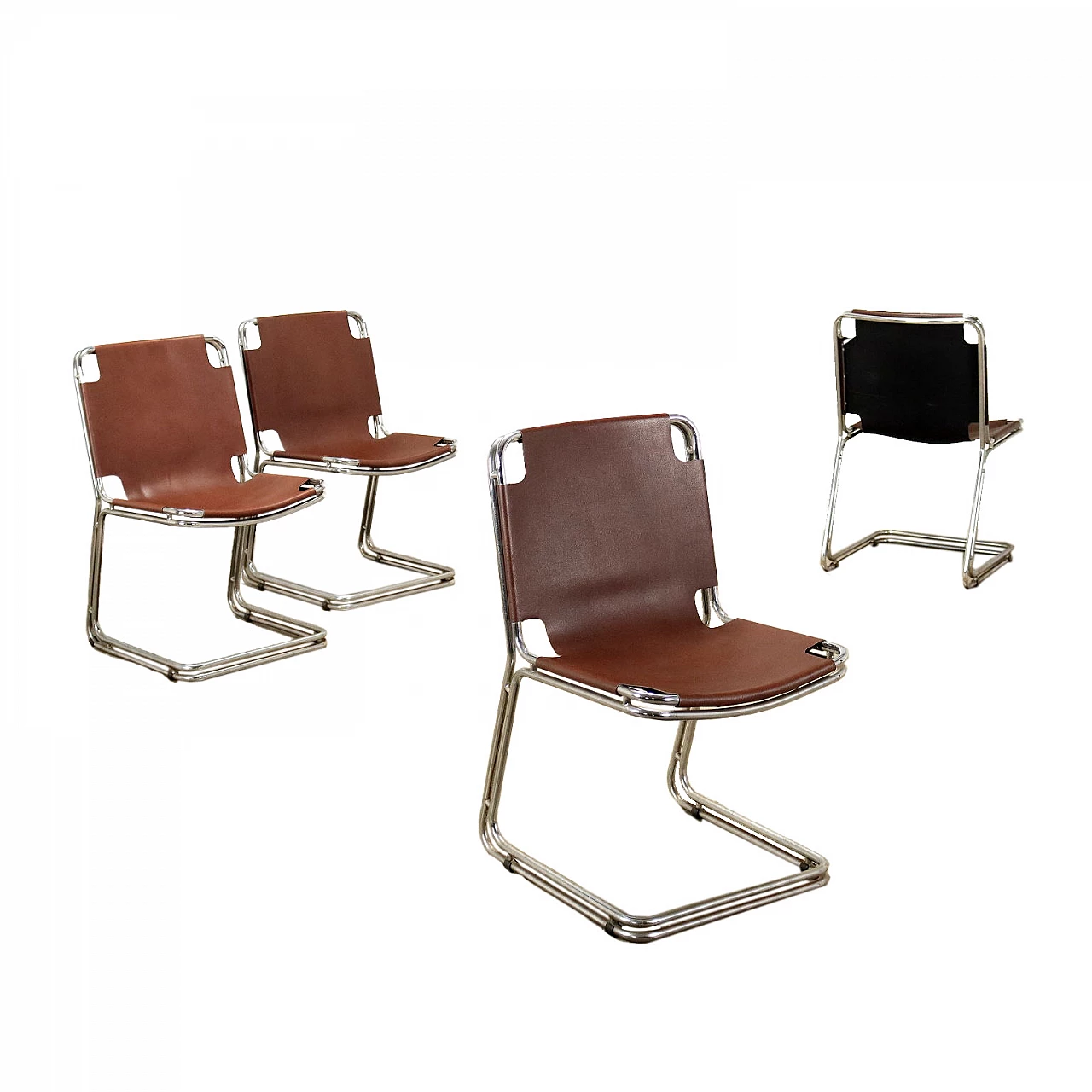 4 Chairs with tubular frame in chrome-plated metal and leather, 1970s 6