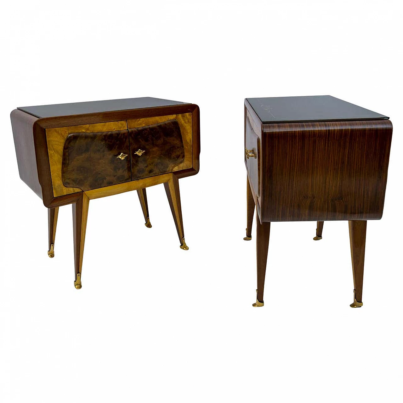 Pair of mid-century Italian bedside tables in maple and walnut, 1950s 13