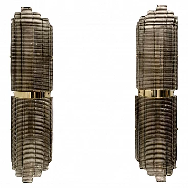 Pair of brass and ribbed Murano glass wall lamps, 1980s