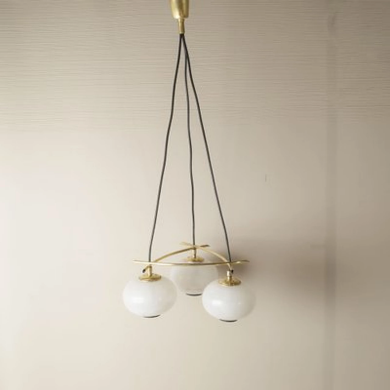 Chandelier with brass frame and frosted glass spheres, 1950s 1