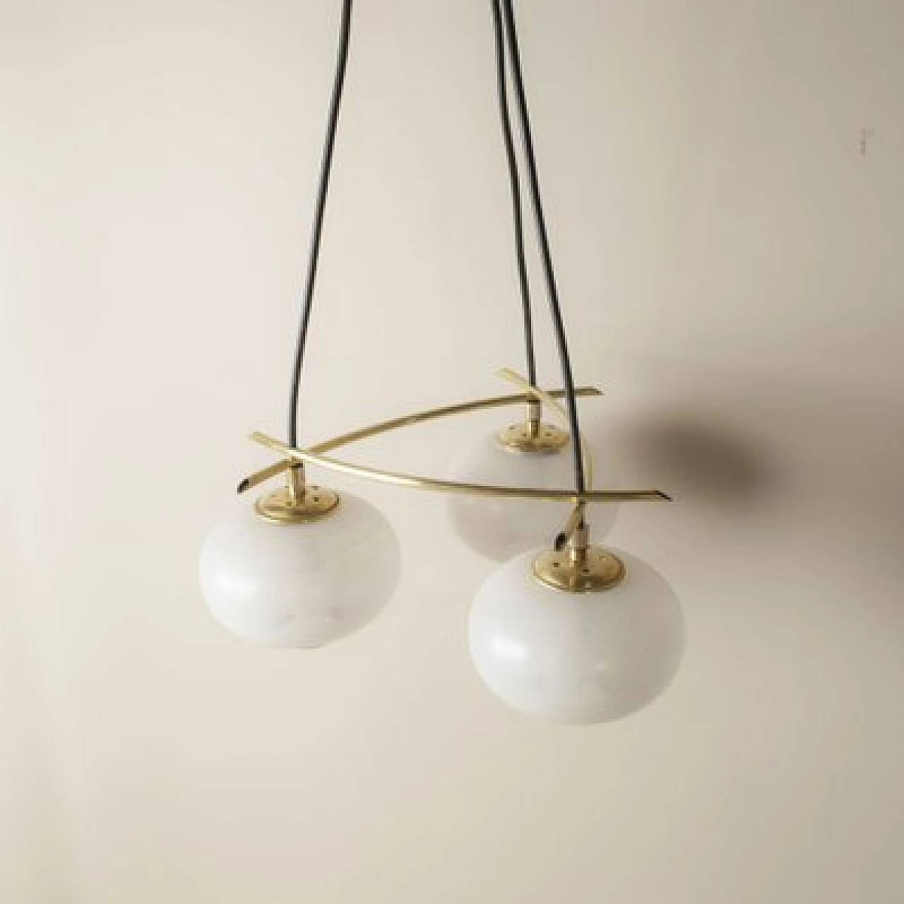 Chandelier with brass frame and frosted glass spheres, 1950s 2