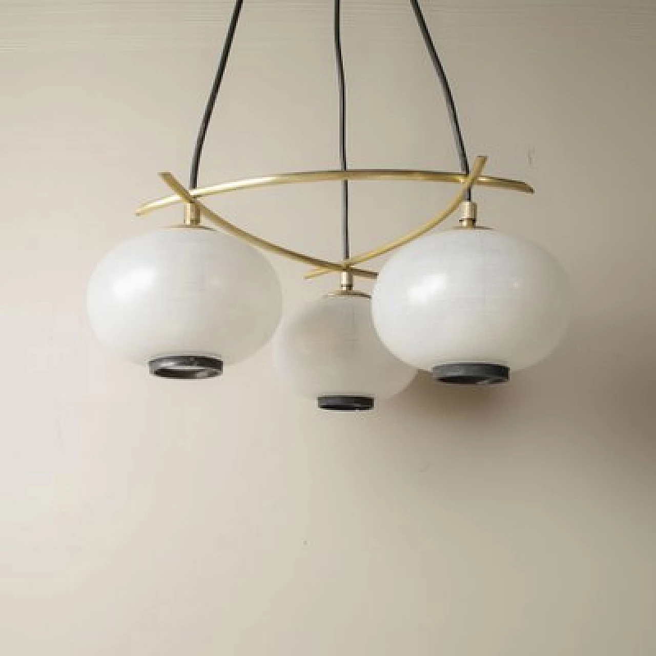 Chandelier with brass frame and frosted glass spheres, 1950s 3