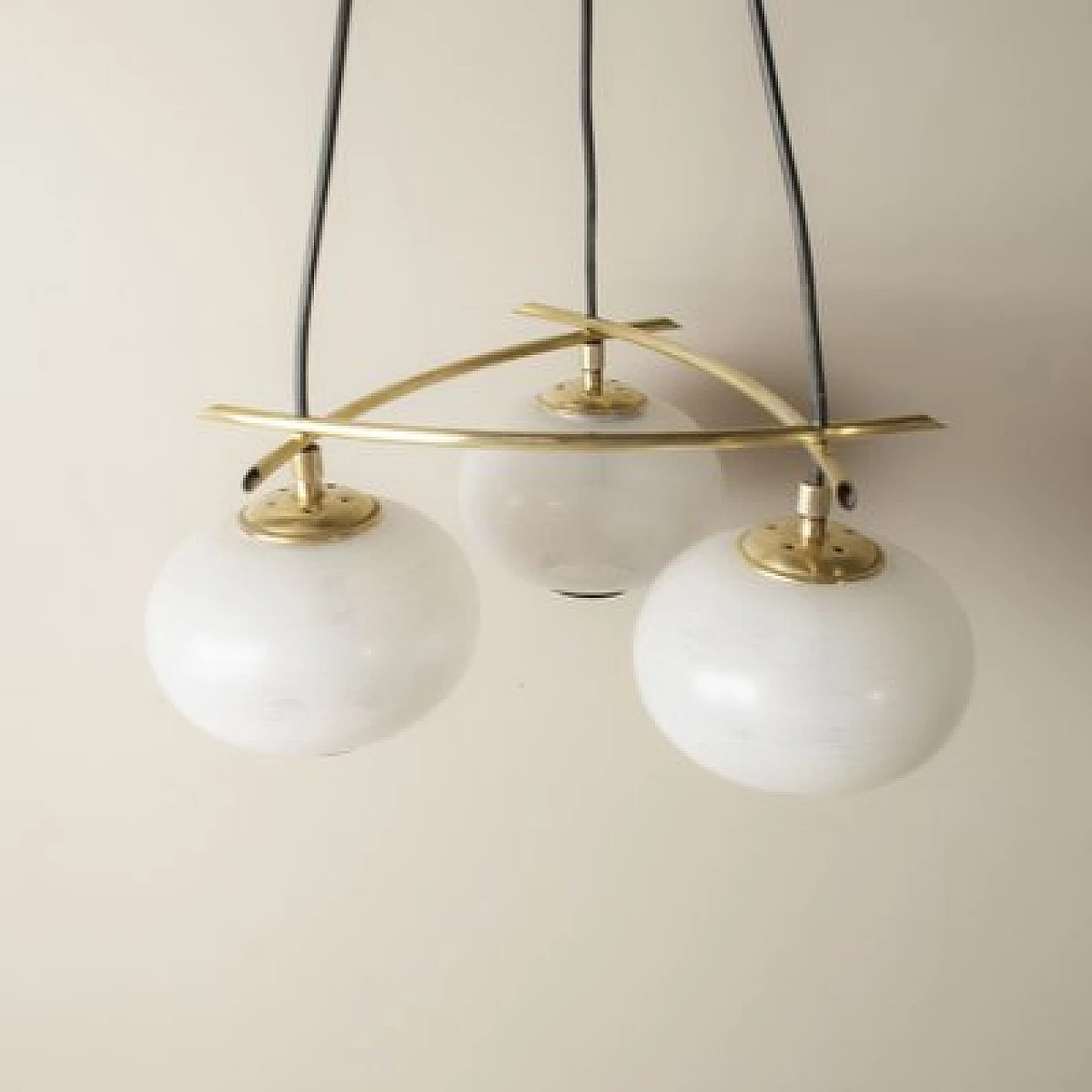 Chandelier with brass frame and frosted glass spheres, 1950s 4