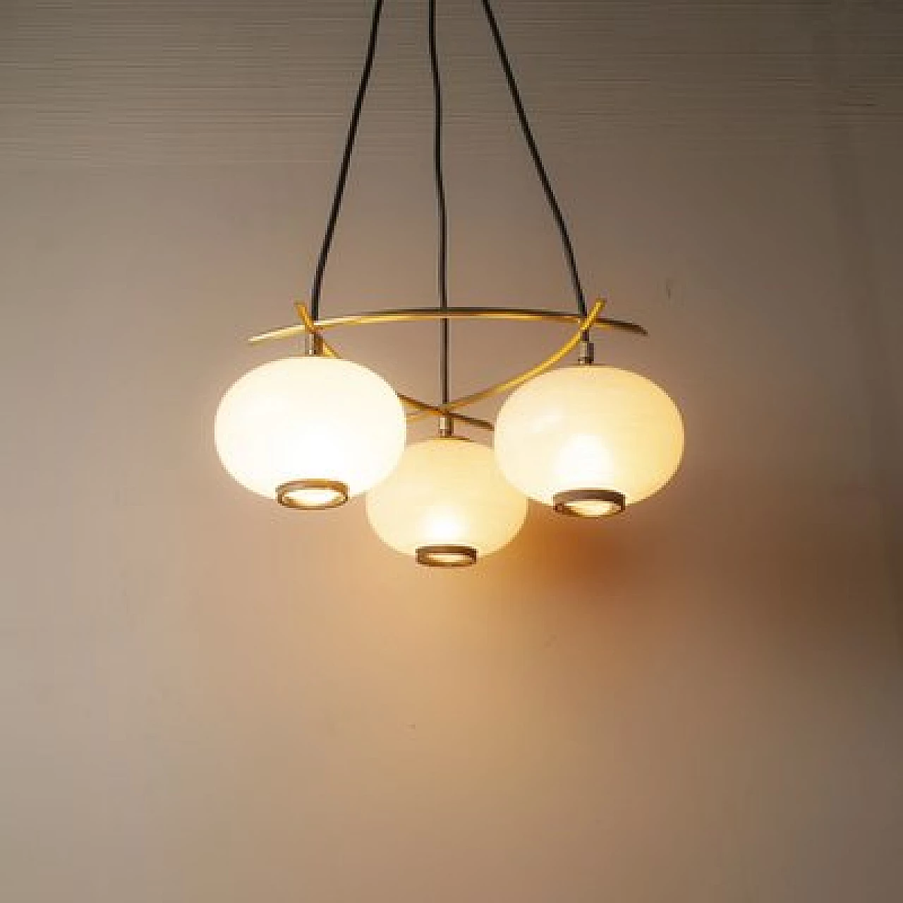 Chandelier with brass frame and frosted glass spheres, 1950s 5