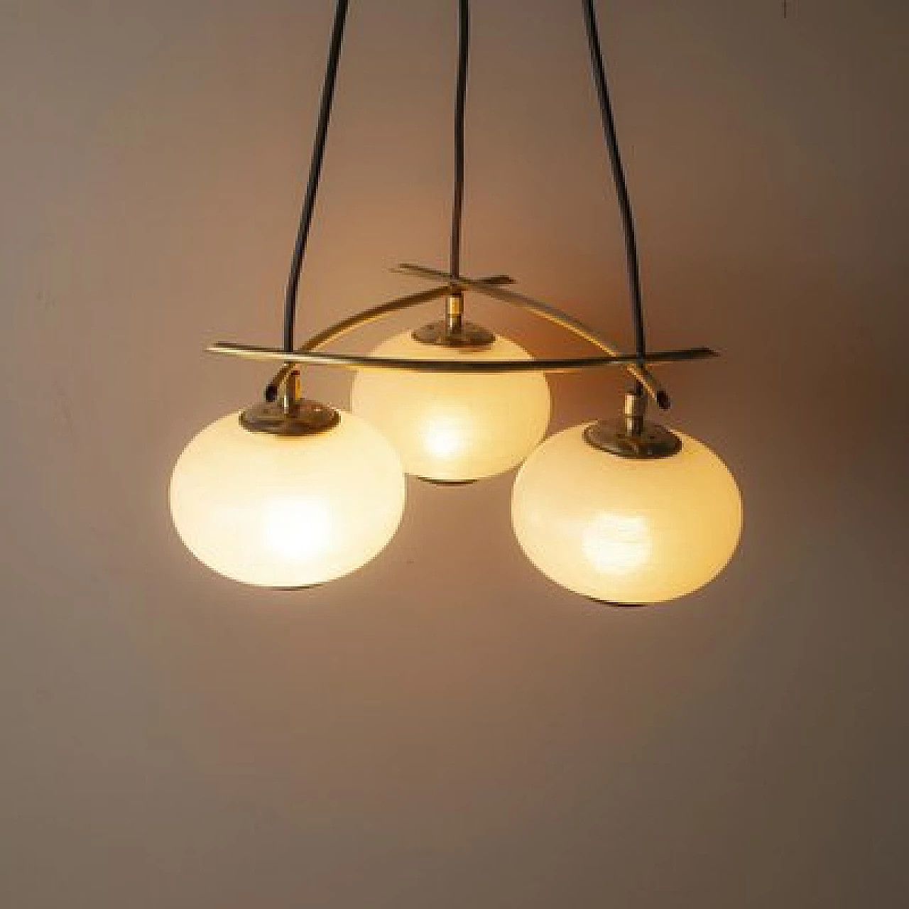 Chandelier with brass frame and frosted glass spheres, 1950s 6