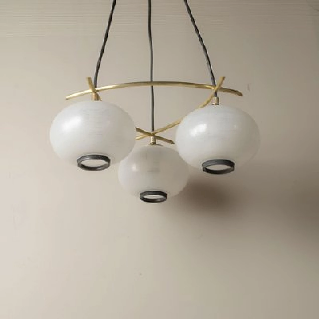 Chandelier with brass frame and frosted glass spheres, 1950s 7