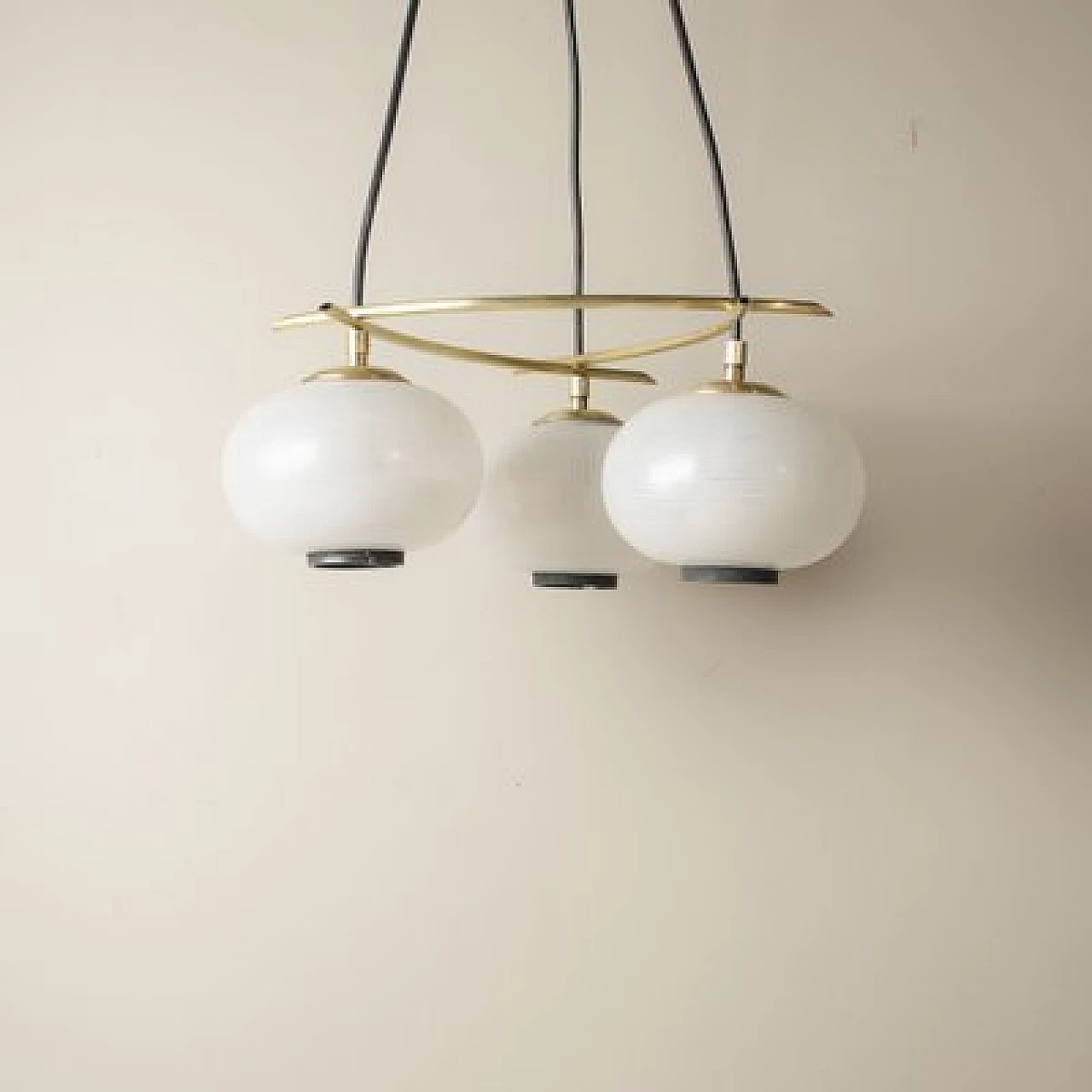 Chandelier with brass frame and frosted glass spheres, 1950s 8