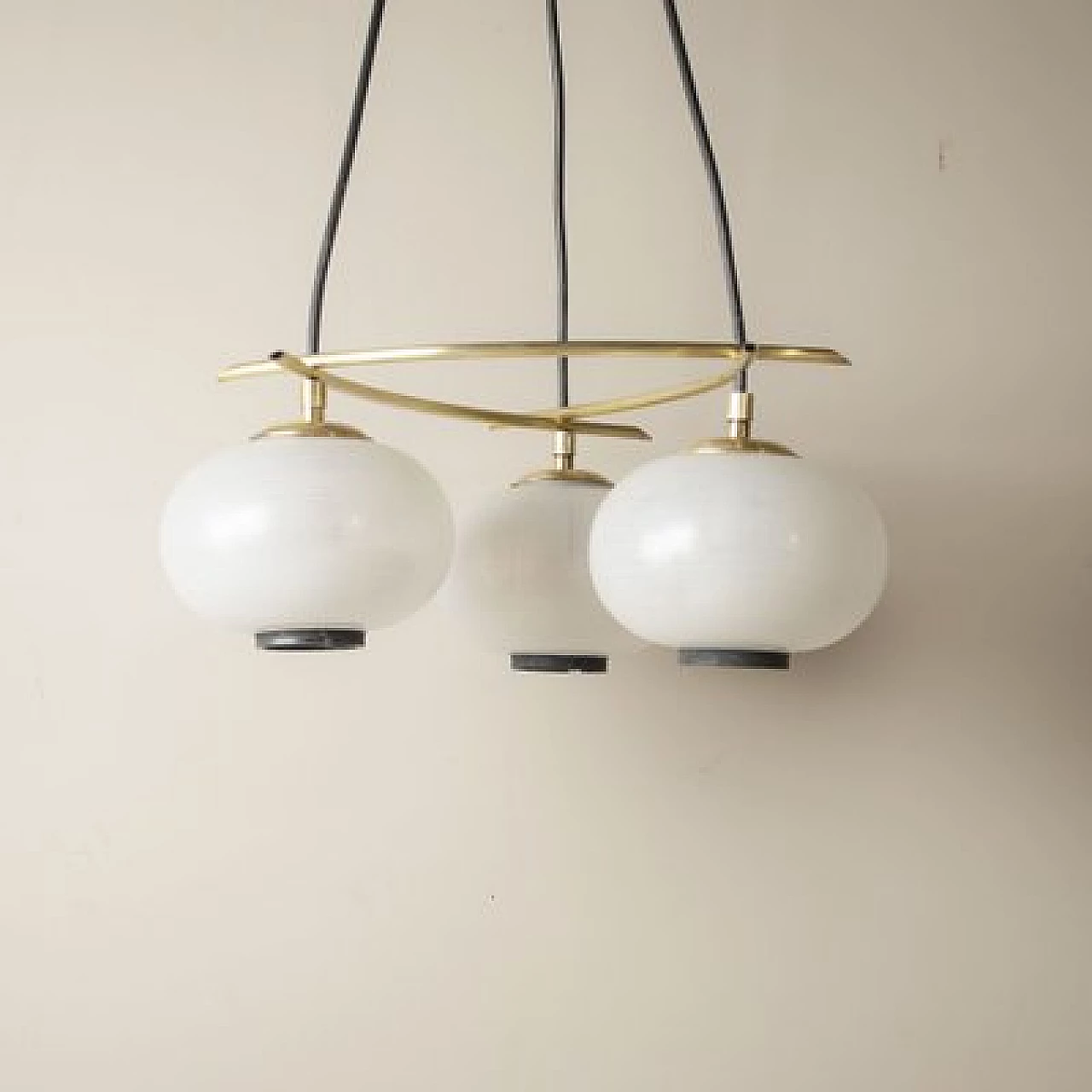 Chandelier with brass frame and frosted glass spheres, 1950s 9