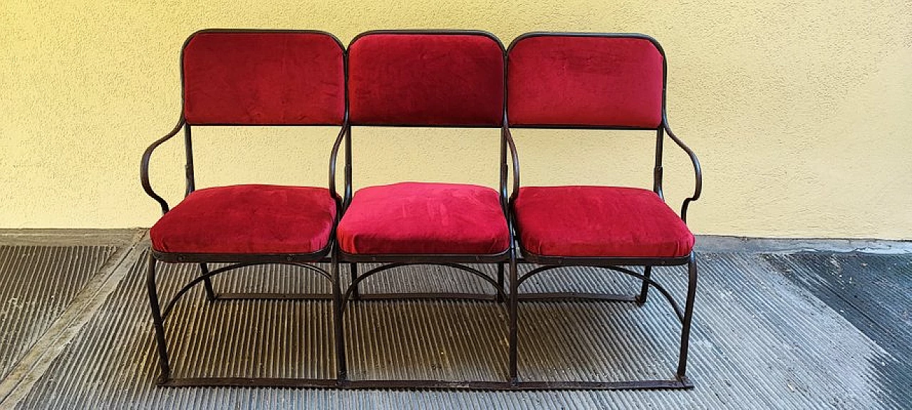 Three-seater metal and velvet cinema bench, 1940s 1