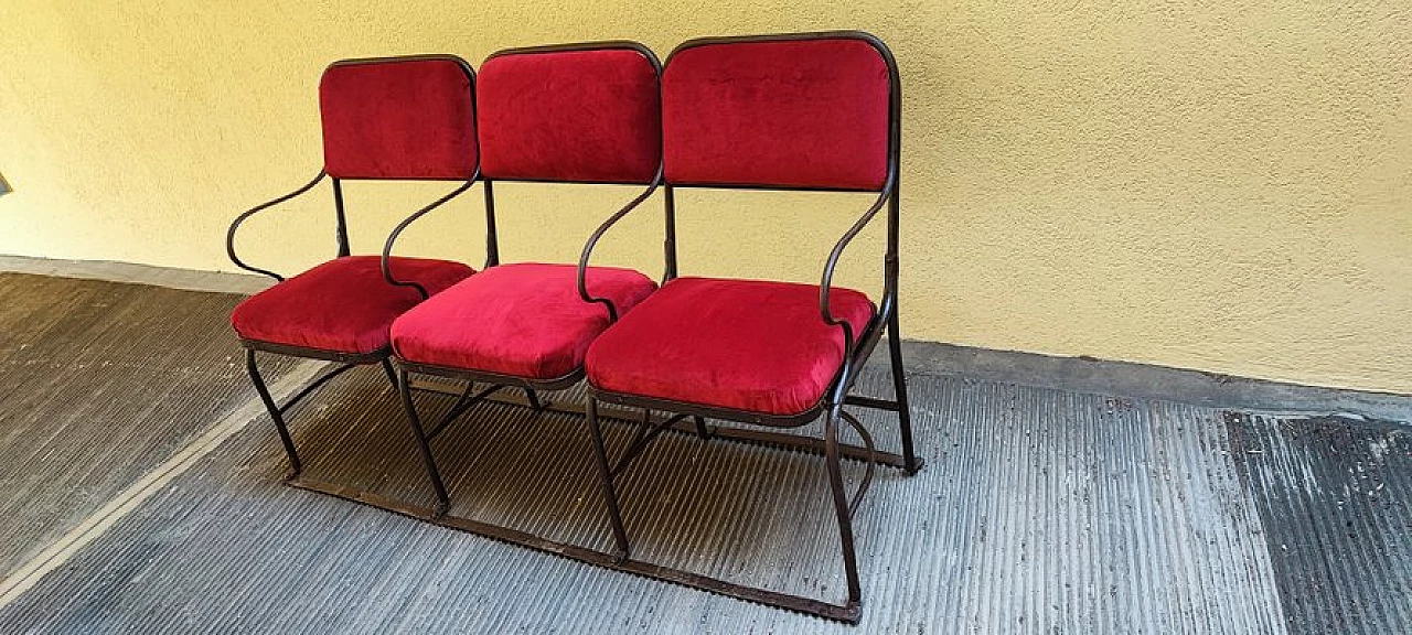 Three-seater metal and velvet cinema bench, 1940s 2