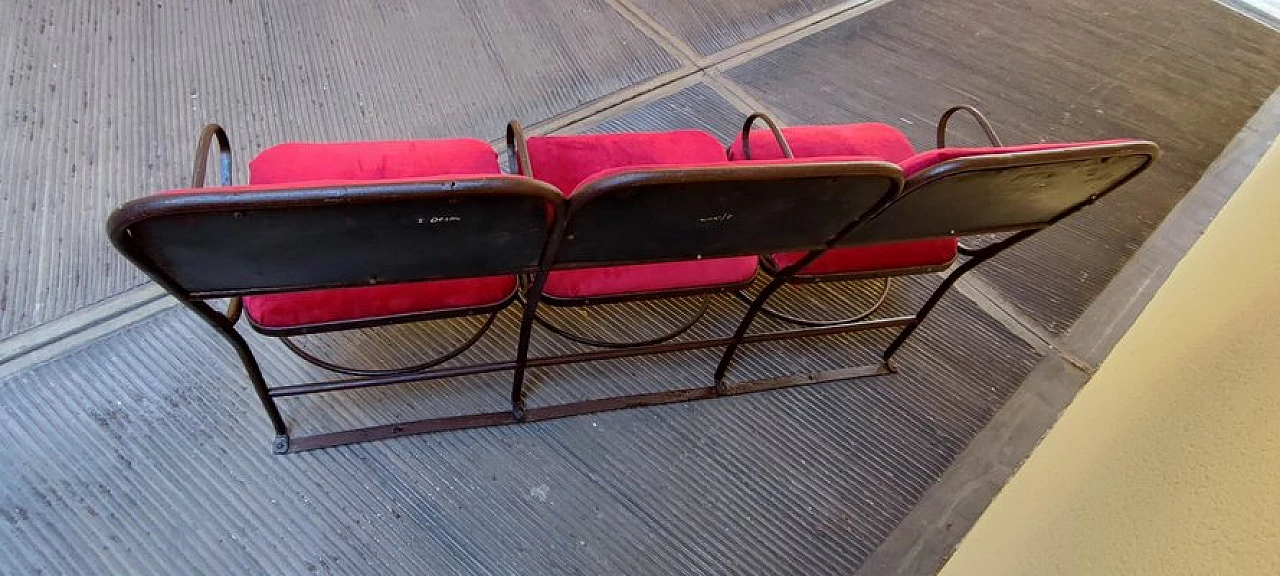 Three-seater metal and velvet cinema bench, 1940s 3