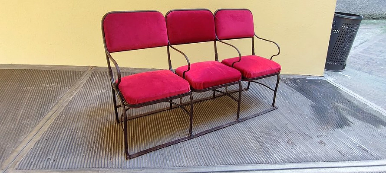 Three-seater metal and velvet cinema bench, 1940s 4