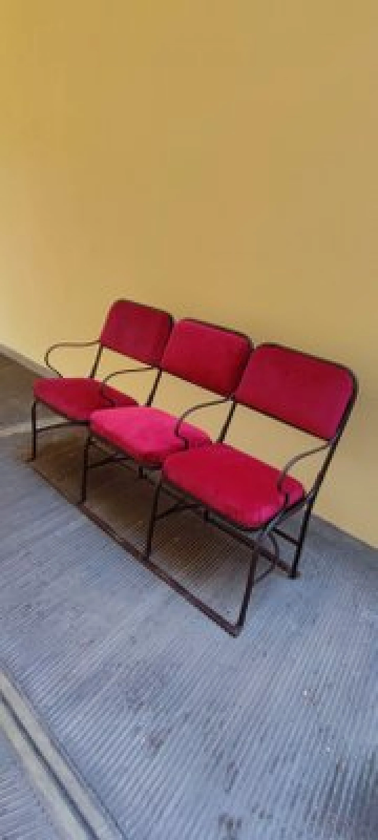 Three-seater metal and velvet cinema bench, 1940s 5