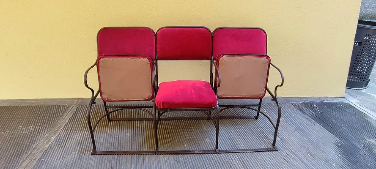 Three-seater metal and velvet cinema bench, 1940s 6