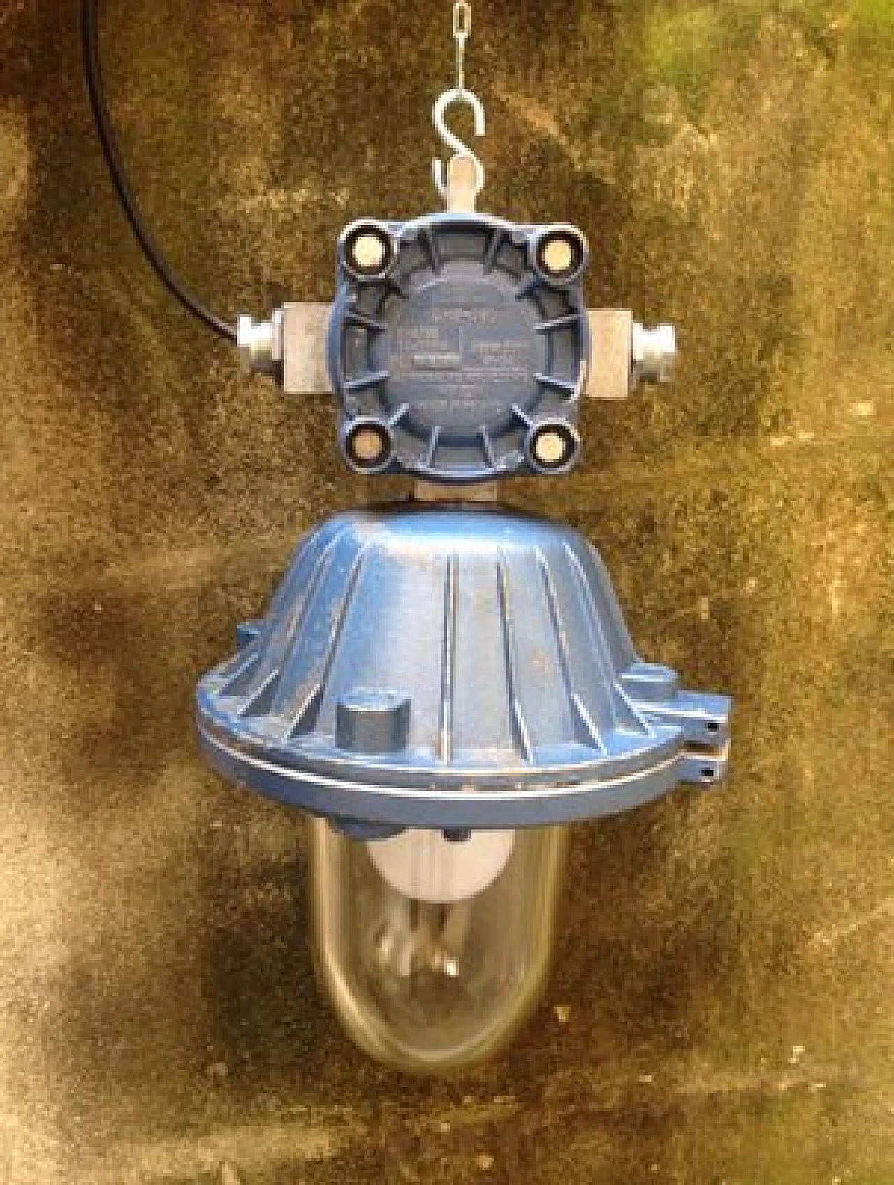 Polish industrial cast iron and glass hanging lamp, 1940s 2