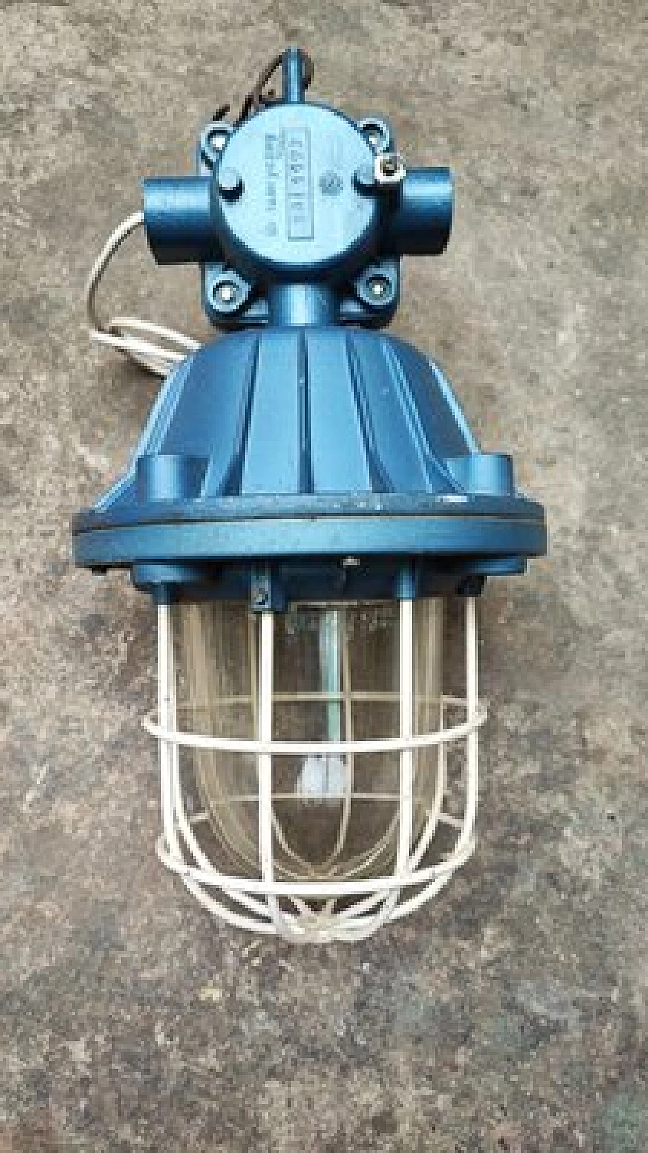 Polish industrial cast iron and glass hanging lamp, 1950s 4