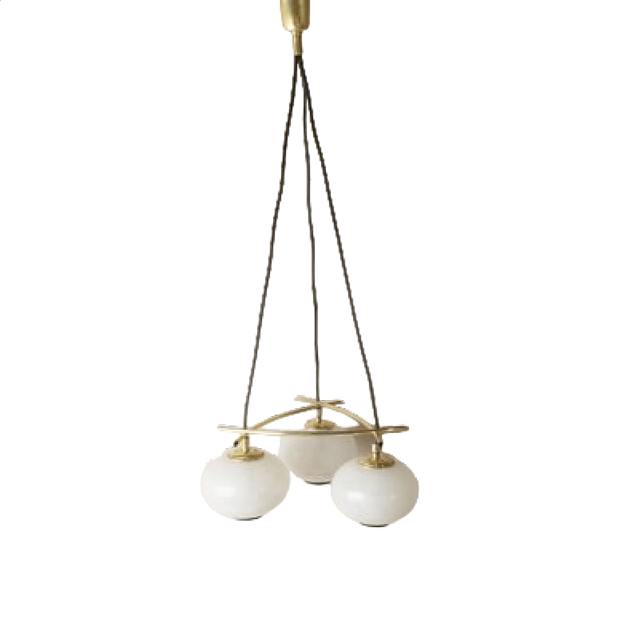 Chandelier with brass frame and frosted glass spheres, 1950s 10