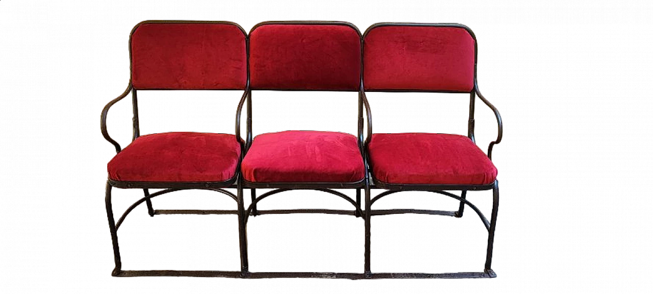 Three-seater metal and velvet cinema bench, 1940s 9