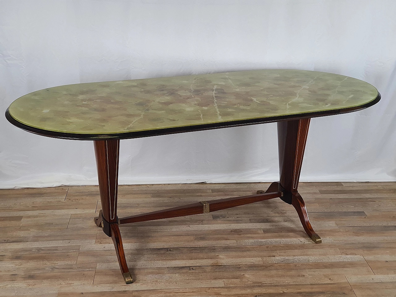 Mahogany oval dining table with decorated glass top, 1950s 1