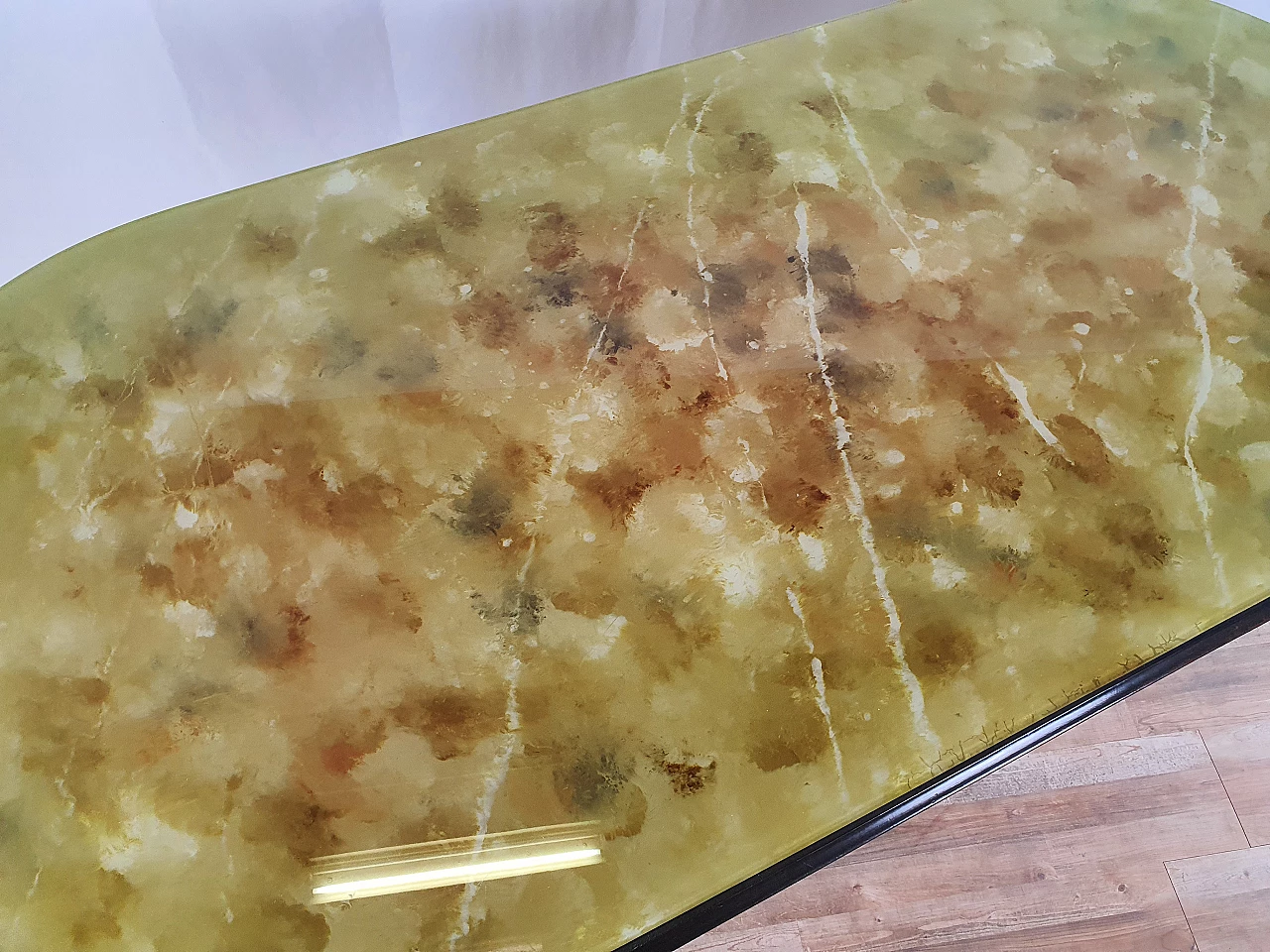 Mahogany oval dining table with decorated glass top, 1950s 3